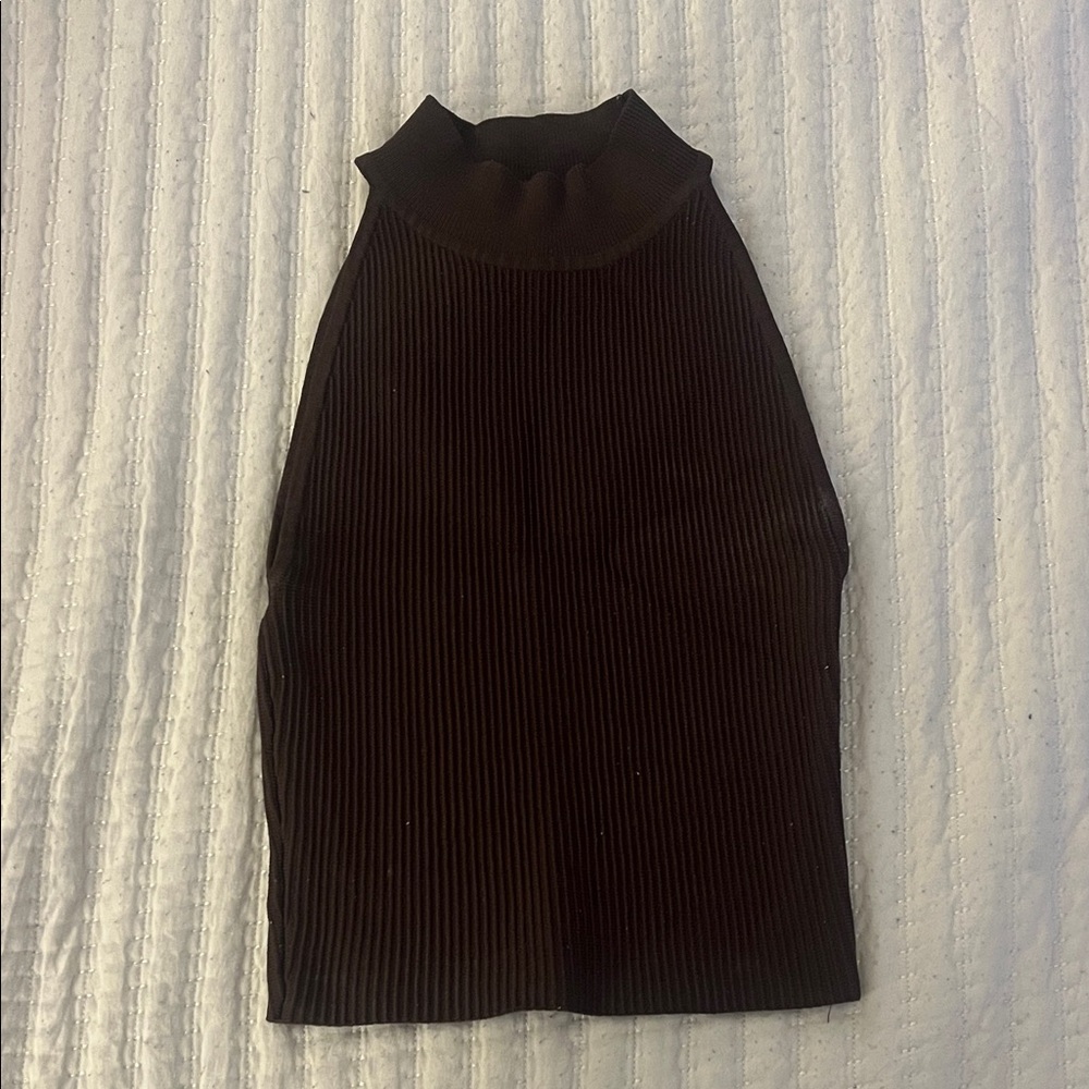 Babaton Dark Brown Ribbed Sleeveless Halter Top
